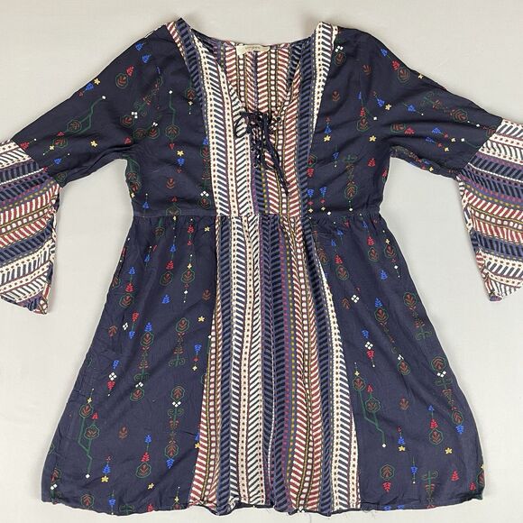 Umgee Lace Up Front Bell Sleeve Mini Dress Tunic Women's Sm Blue Floral Boho - Picture 14 of 15